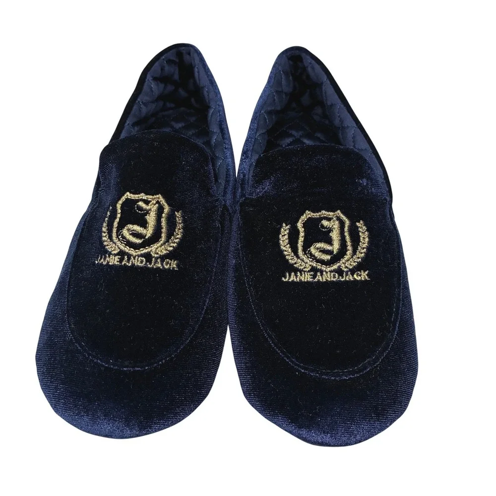 Janie and Jack Velvet Crest Smoking Loafers Baby Boys 4 Navy Blue Preppy